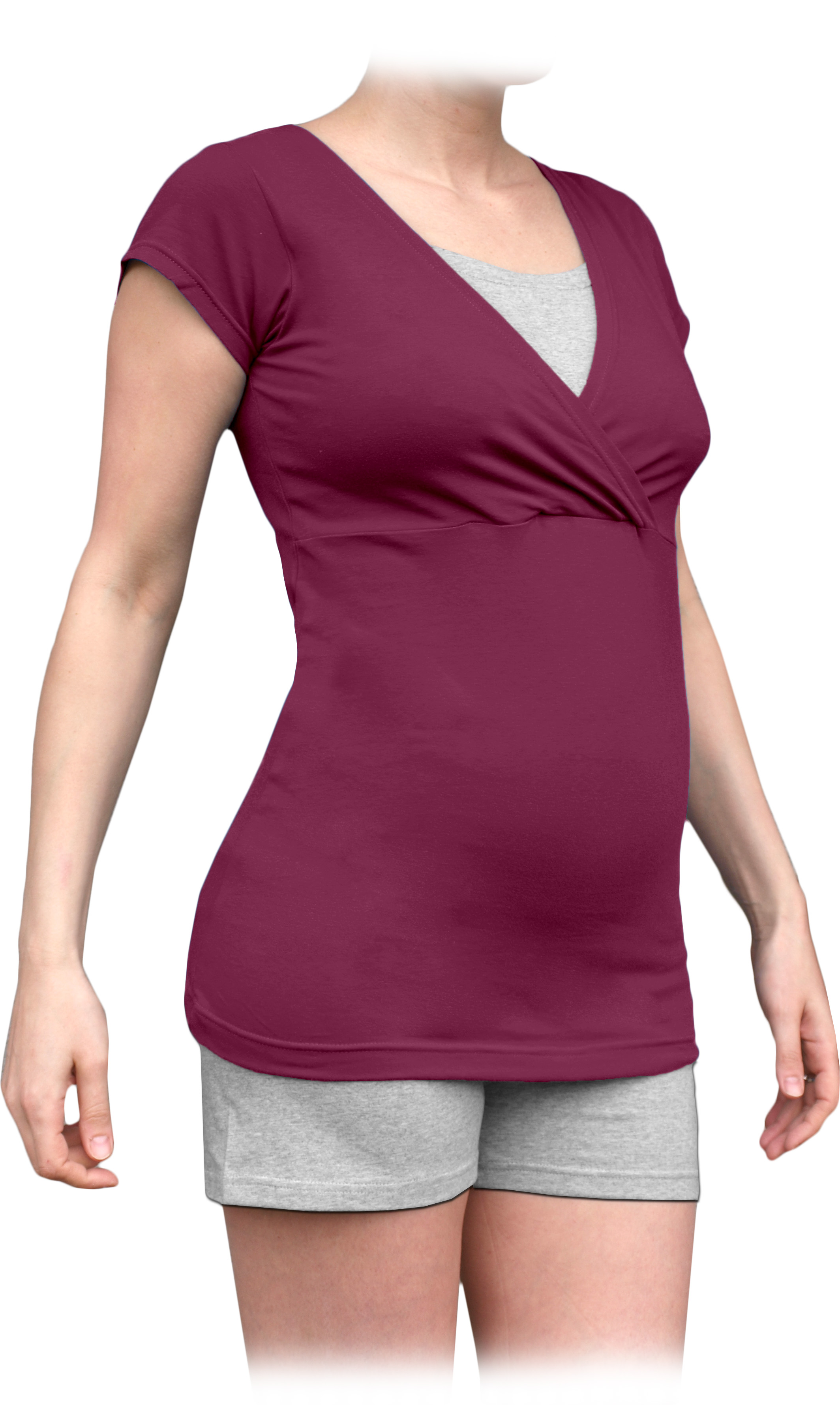 Pyžamo tehotenské a na dojčenie, krátke, cyklámen + sivý melír
