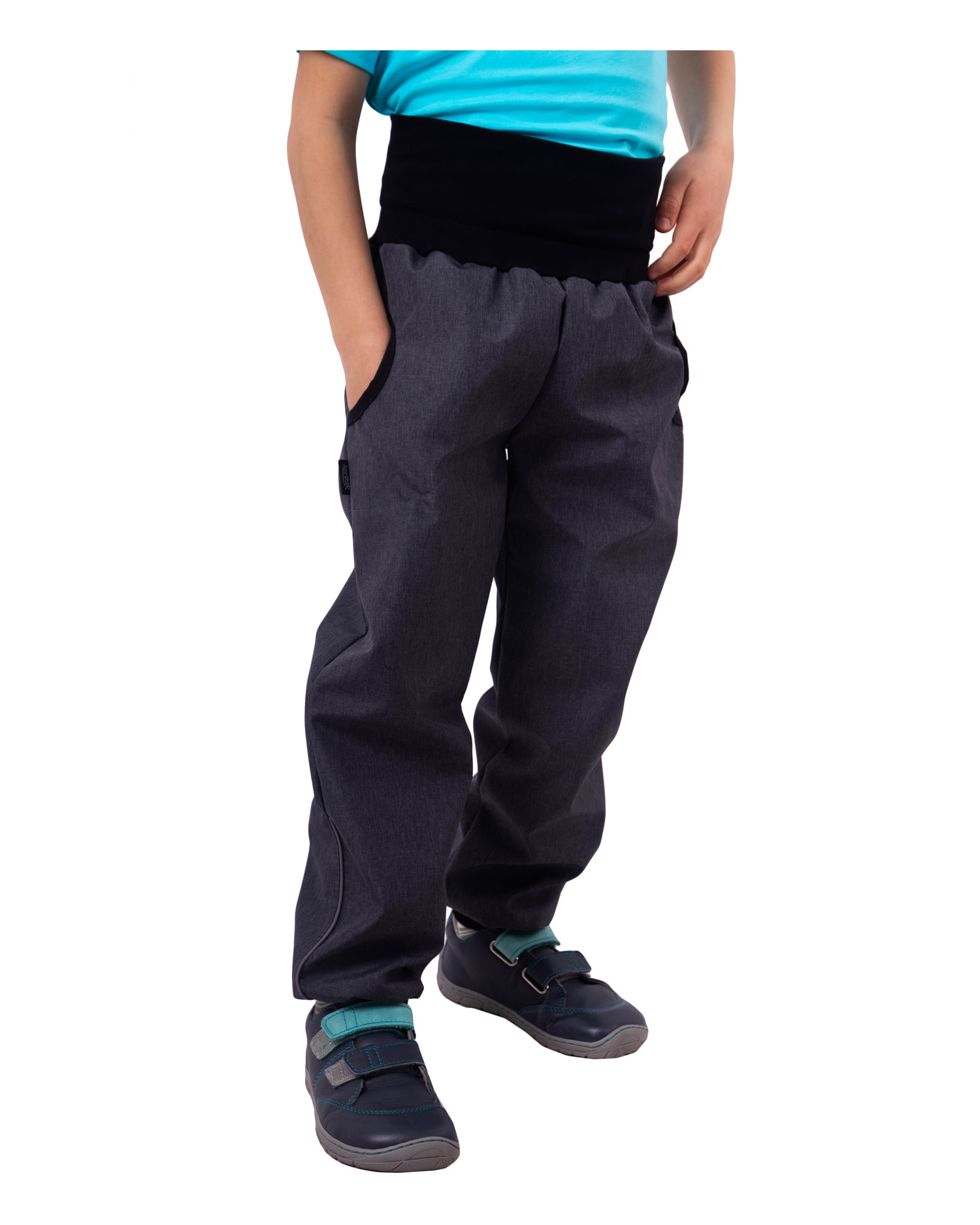 Jarné / letné detské softshellové nohavice, sivý melír