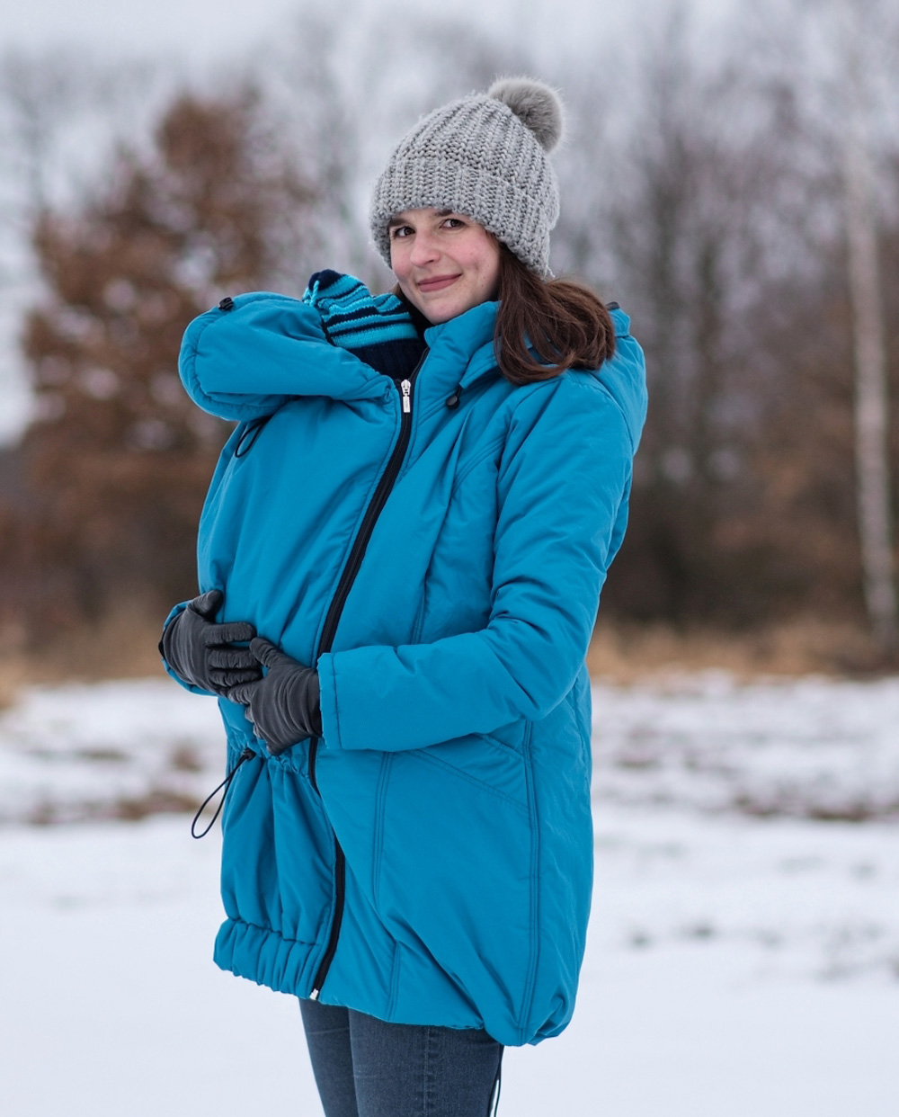 Zimná vyteplená bunda na nosenie detí + TEHOTENSKÁ VSADKA, tyrkysovo modrá