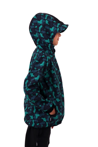 Children´s softshell jacket, green spots on a black background, Collection 2020