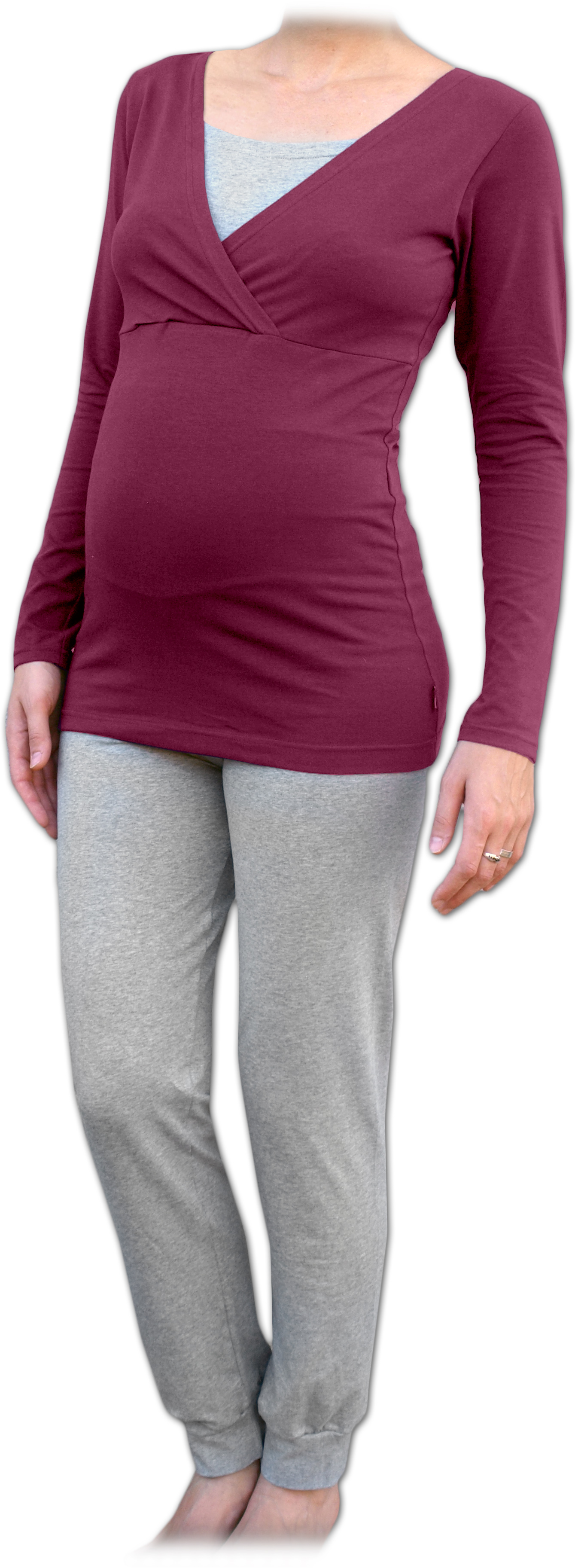 Těhotenské a kojicí pyžamo, dlouhé, cyklámen+šedý melír