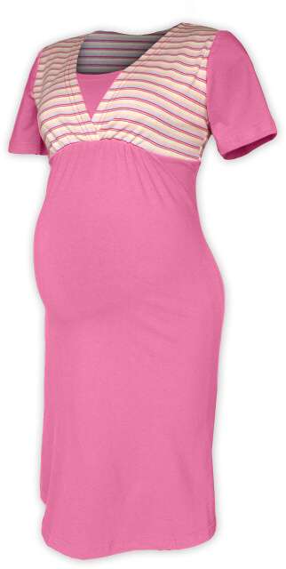 Pruhovaná těhotenská/kojící noční košile, RŮŽOVÁ+růžový proužek S/M