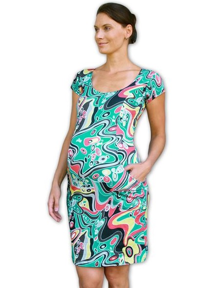 Těhotenské šaty s kapsami Šárka, tyrkysové vzorované