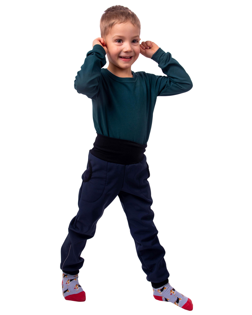 Detské softshellové nohavice s reguláciou pása, tmavo modré