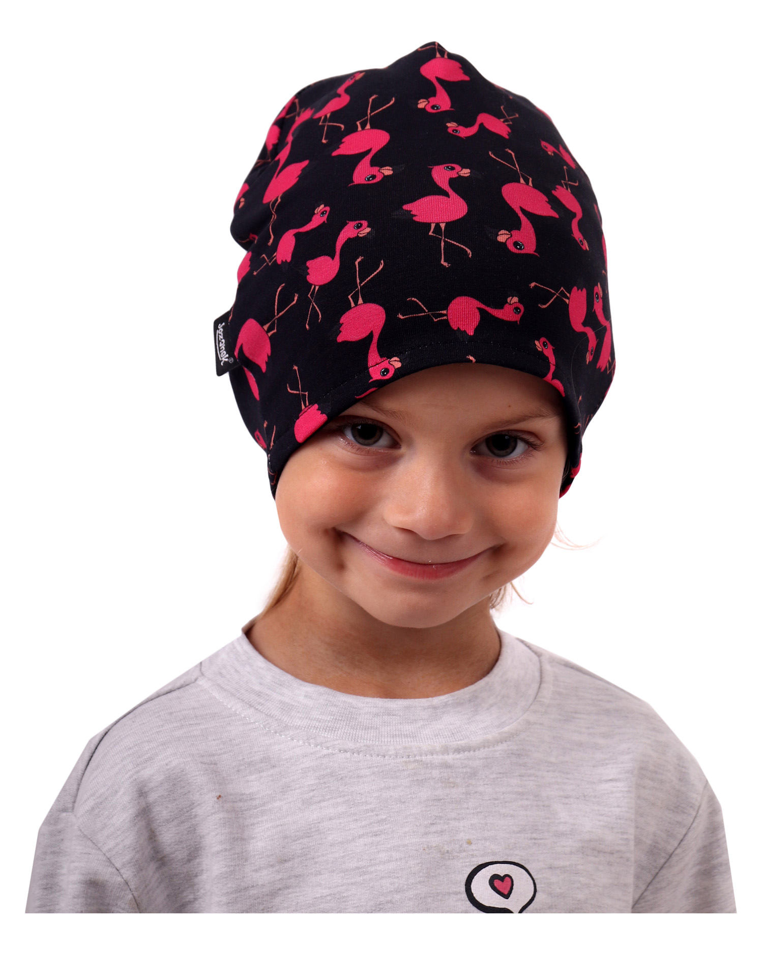 Detská čiapka bavlnená, obojstranná, čierna+plameniaky
