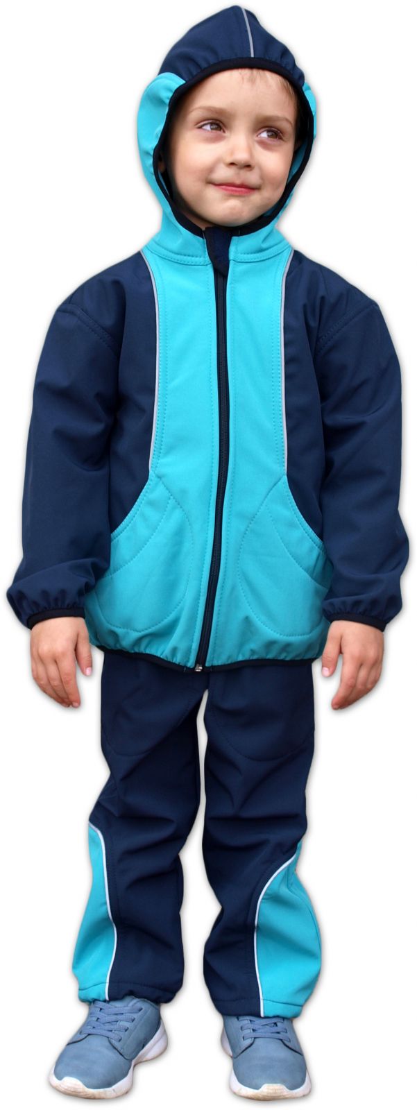 Dětská softshellová bunda, tyrkys+tmavě modrá 122/128