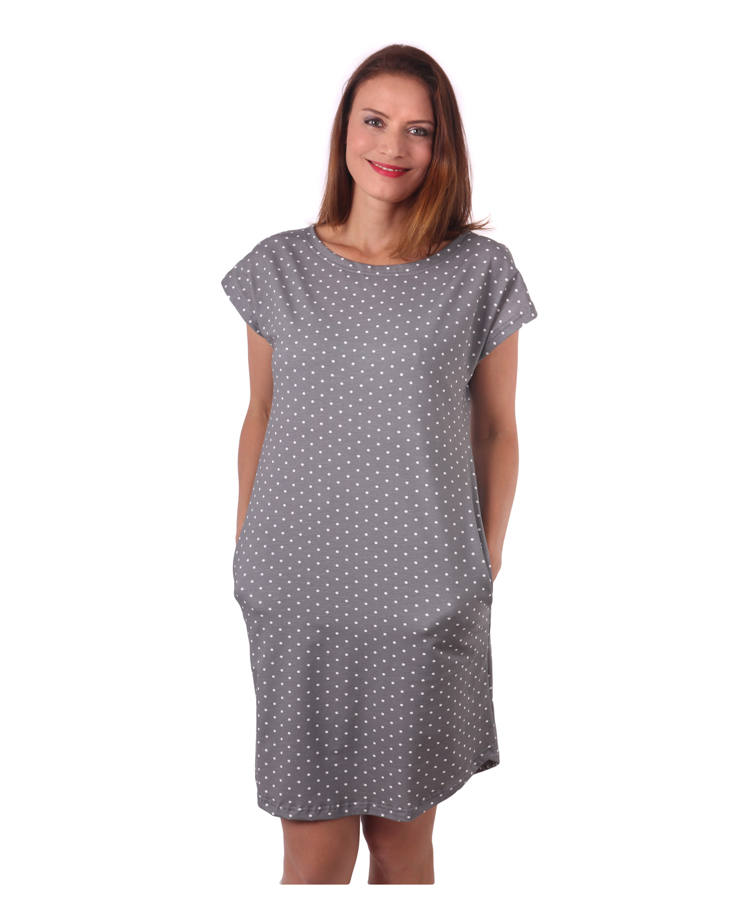 Women's dress with pockets Zoe, oversized loose fit, grey with dots