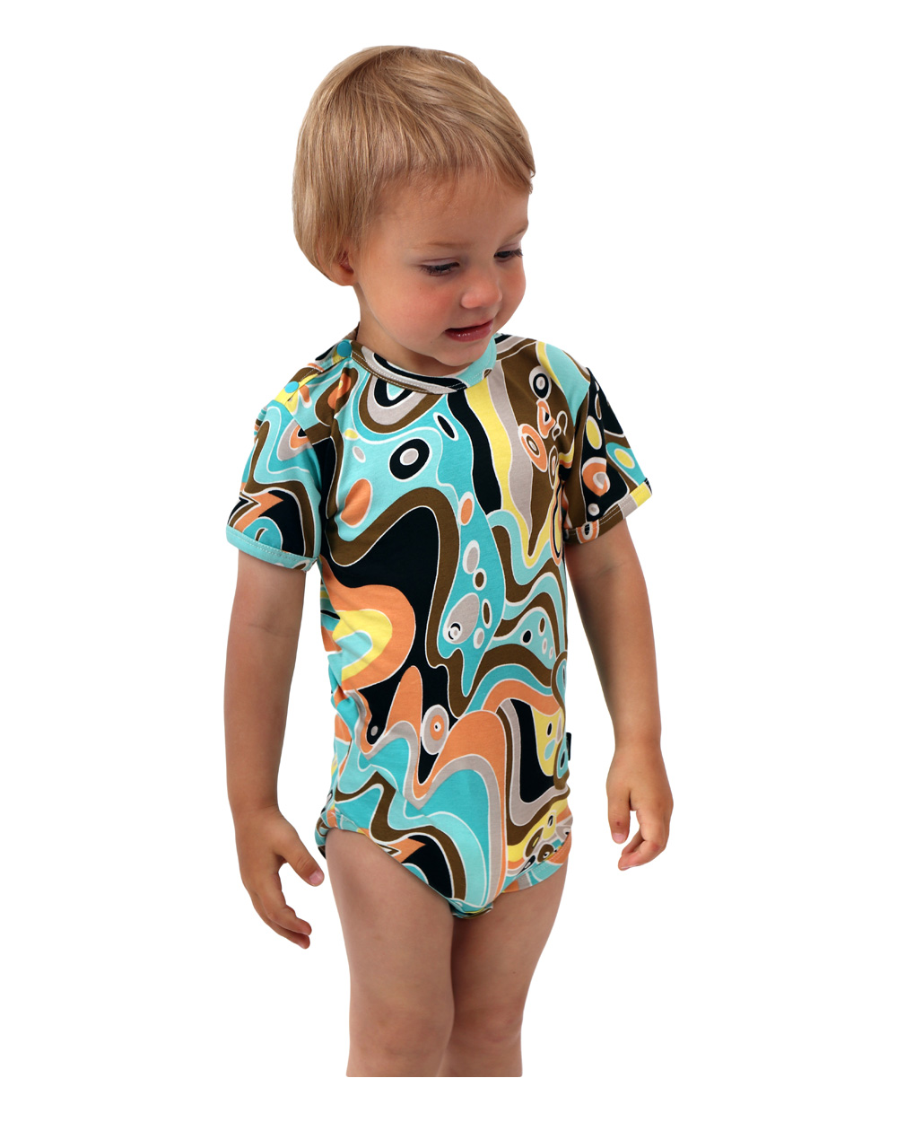 Baby cotton onesies with short sleeves, patterned turquoise