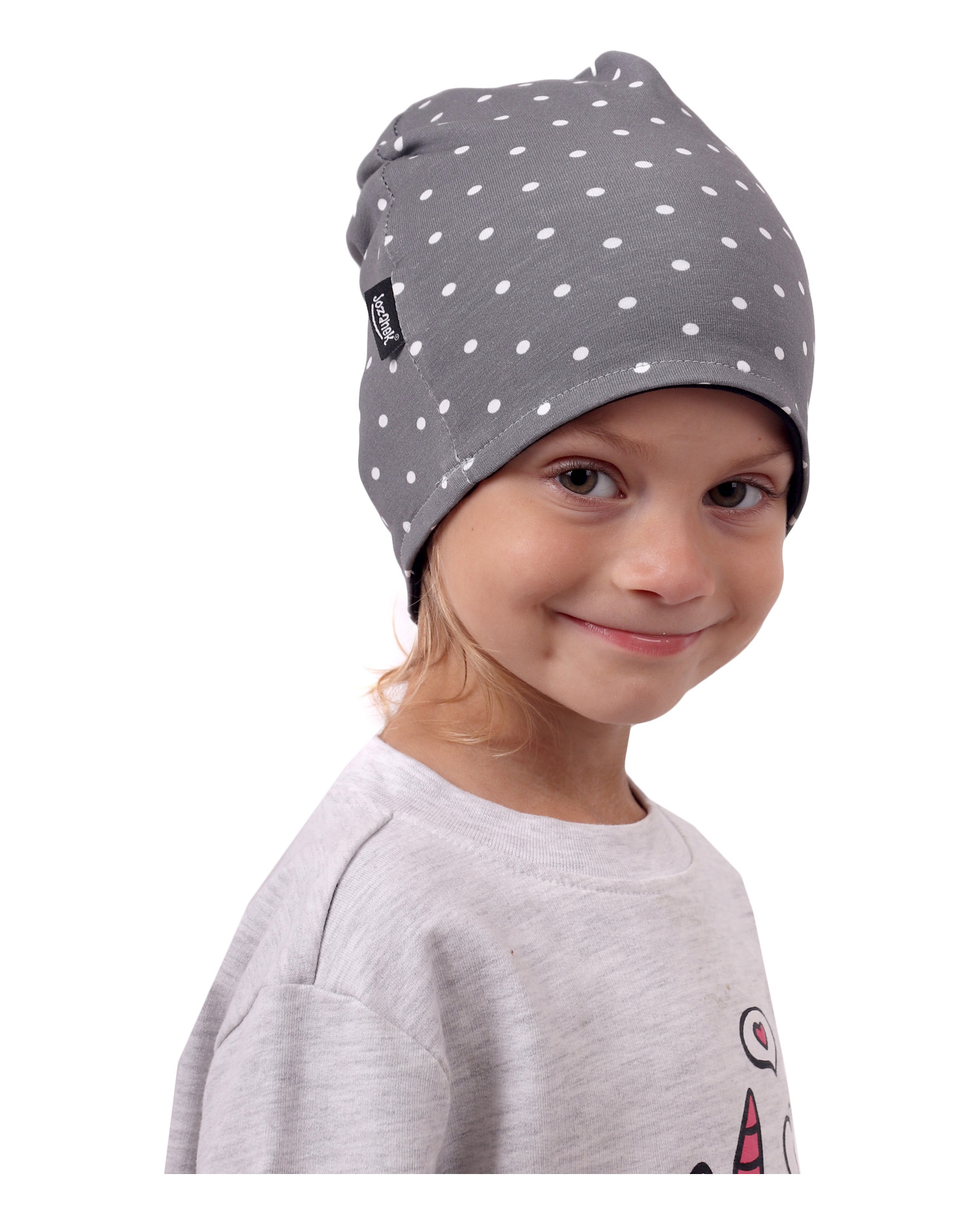 Detská čiapka bavlnená, obojstranná, čierna+šedá s bodkami