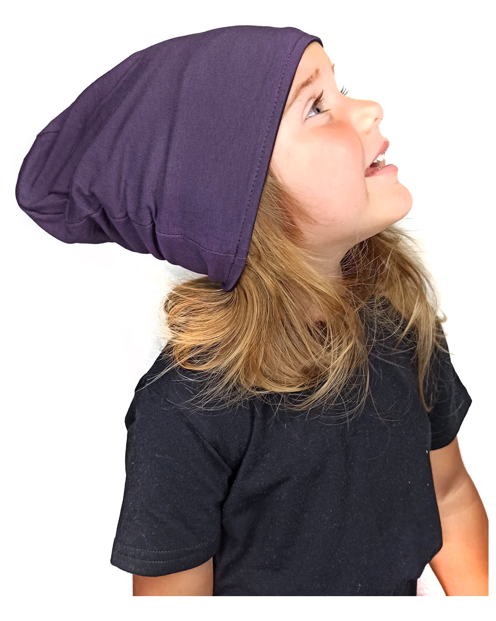 Detská čiapka bavlnená, obojstranná, tmavo sivý melír + slivkovo fialová