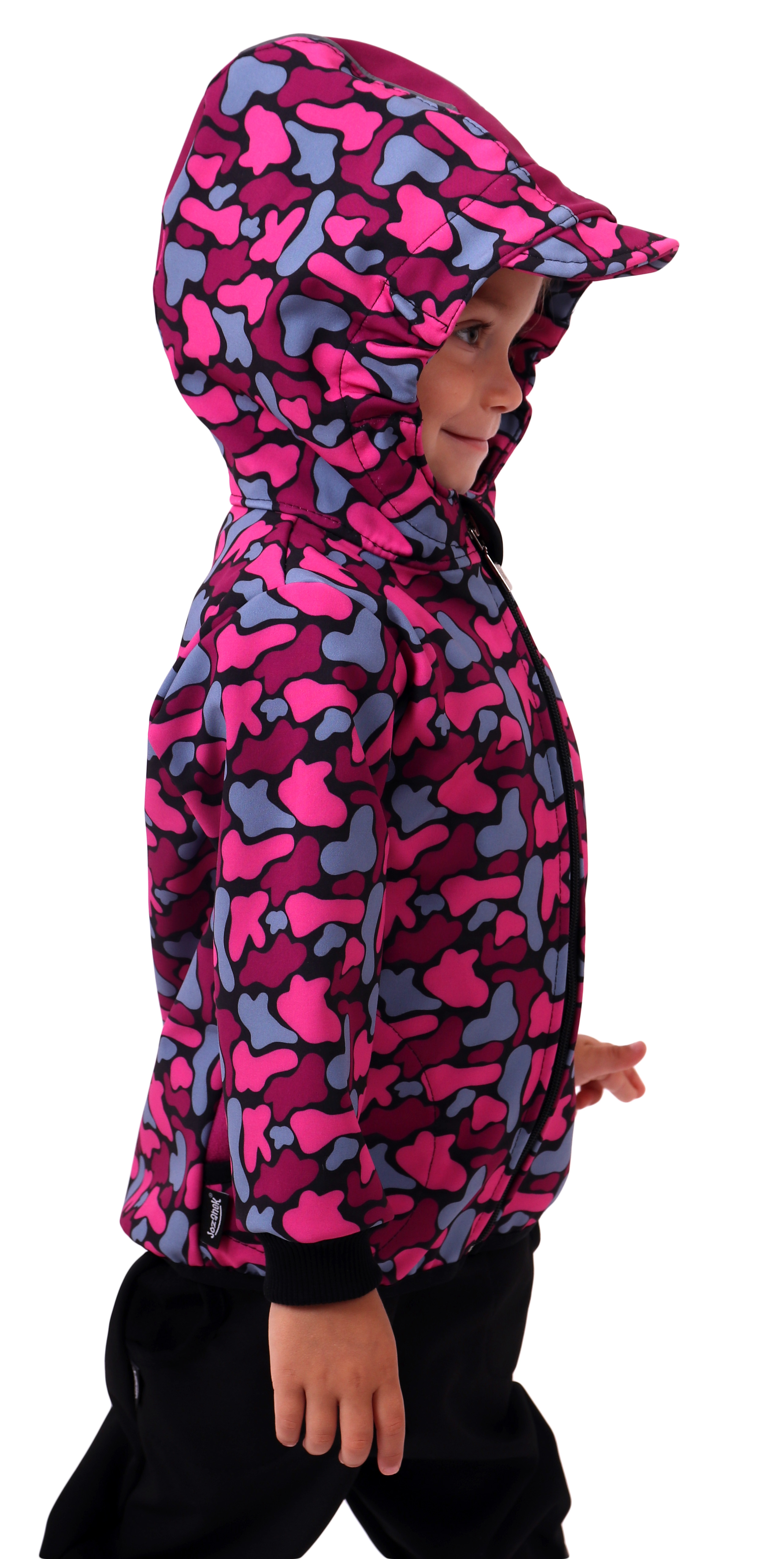 Children´s softshell jacket, pink spots on a black background, Collection 2020
