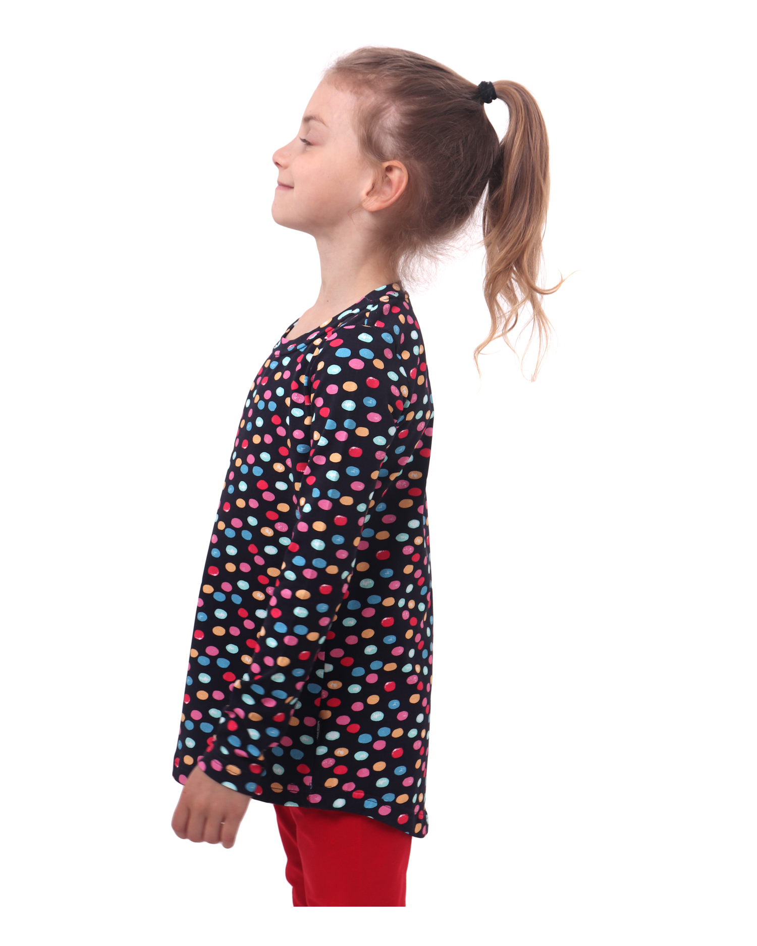 Dívčí tričko, dlouhý rukáv, barevné puntíky (lentilky) na modré