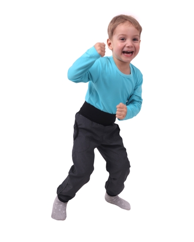 Jarní/letní dětské softshellové kalhoty, šedý melír, STARŠÍ KOLEKCE (UZŠÍ STŘIH)