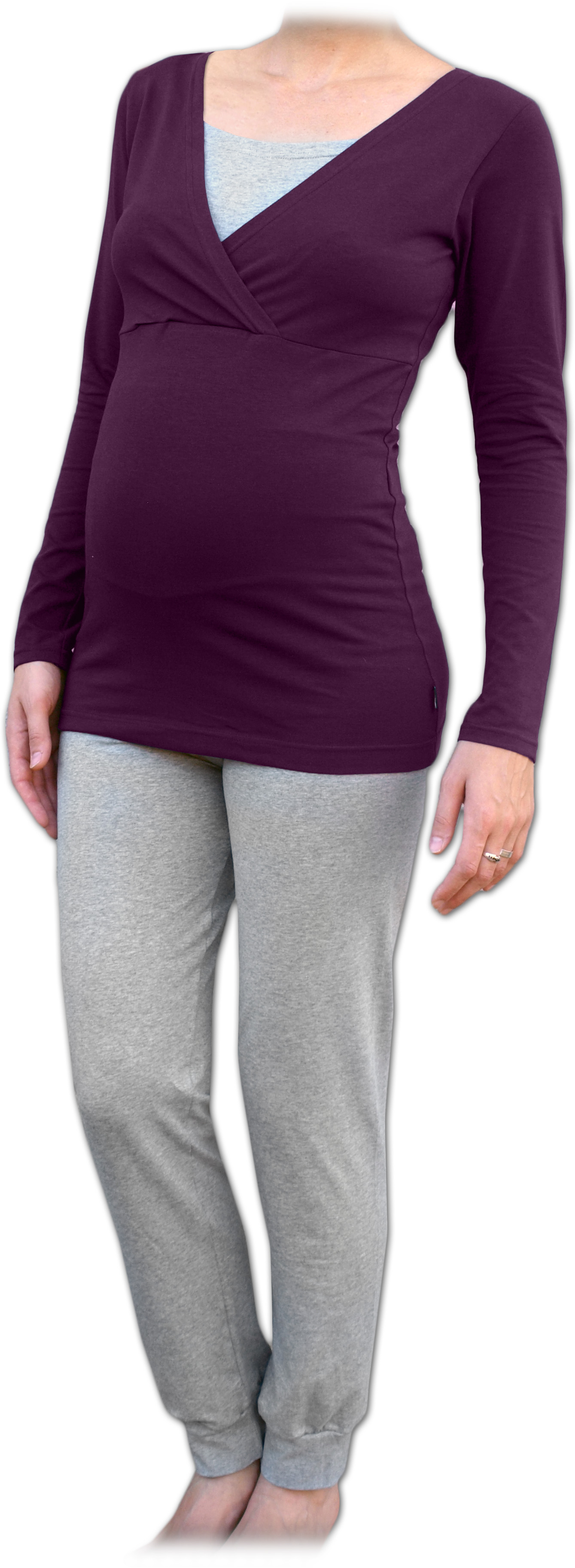 Těhotenské a kojicí pyžamo, dlouhé, švestkově fialové+šedý melír