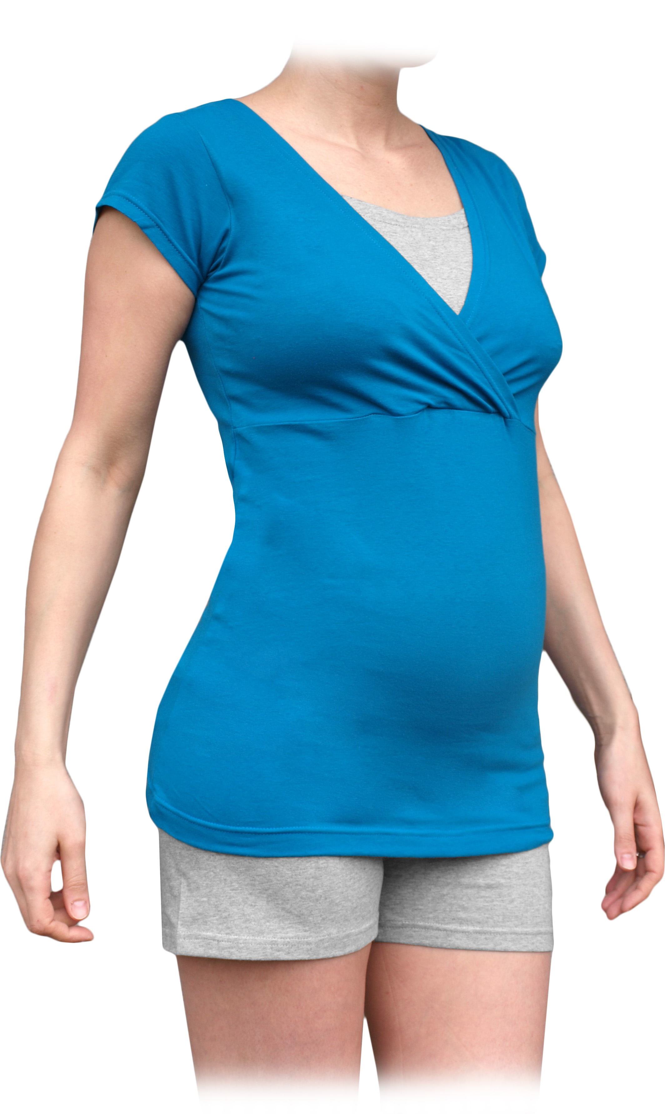 Tehotenské a dojčiace pyžamo, krátke, petrolejovej + sivý melír