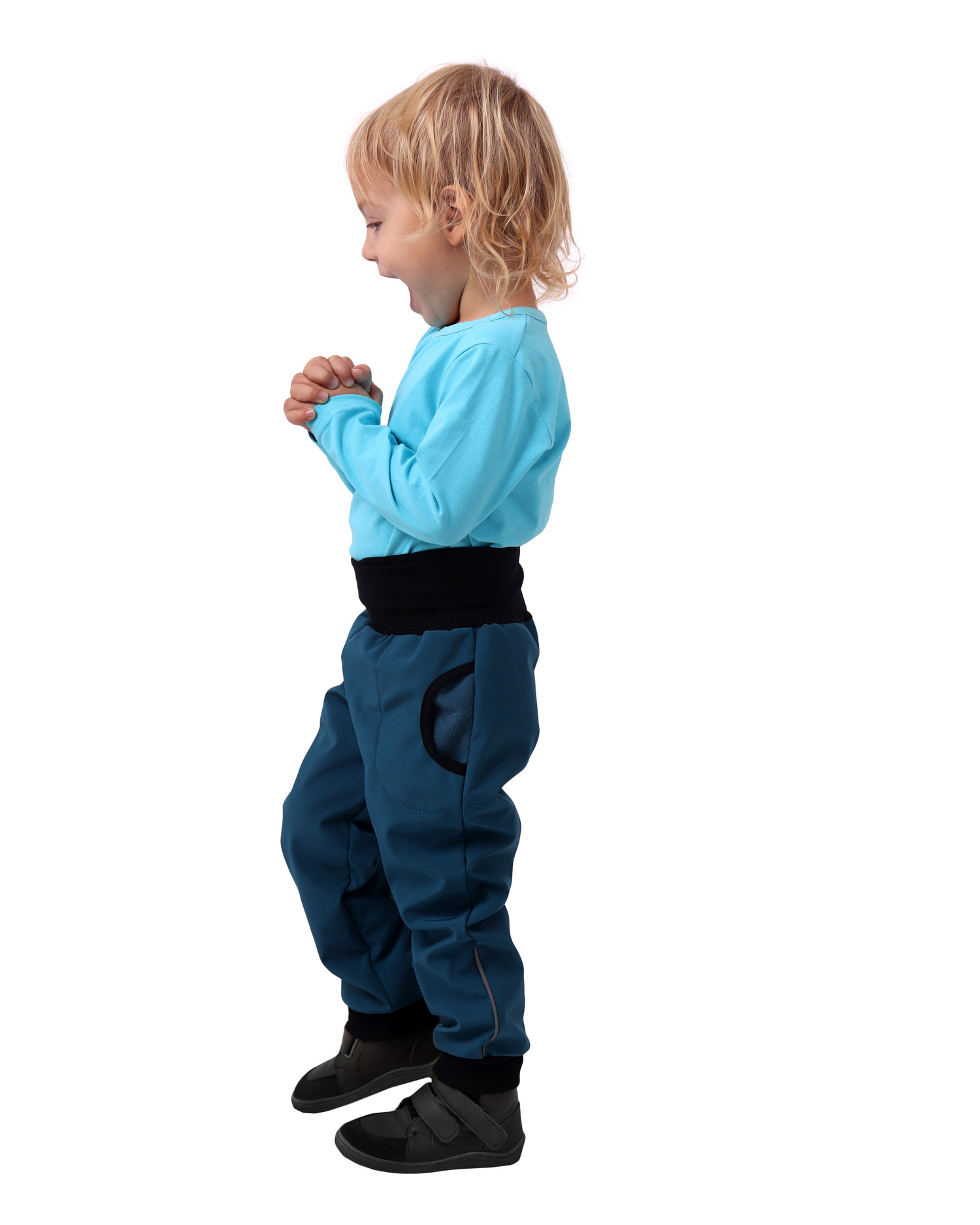 UZŠÍ STŘIH!!! Dětské softshellové kalhoty s náplety a regulací pasu, petrolejové