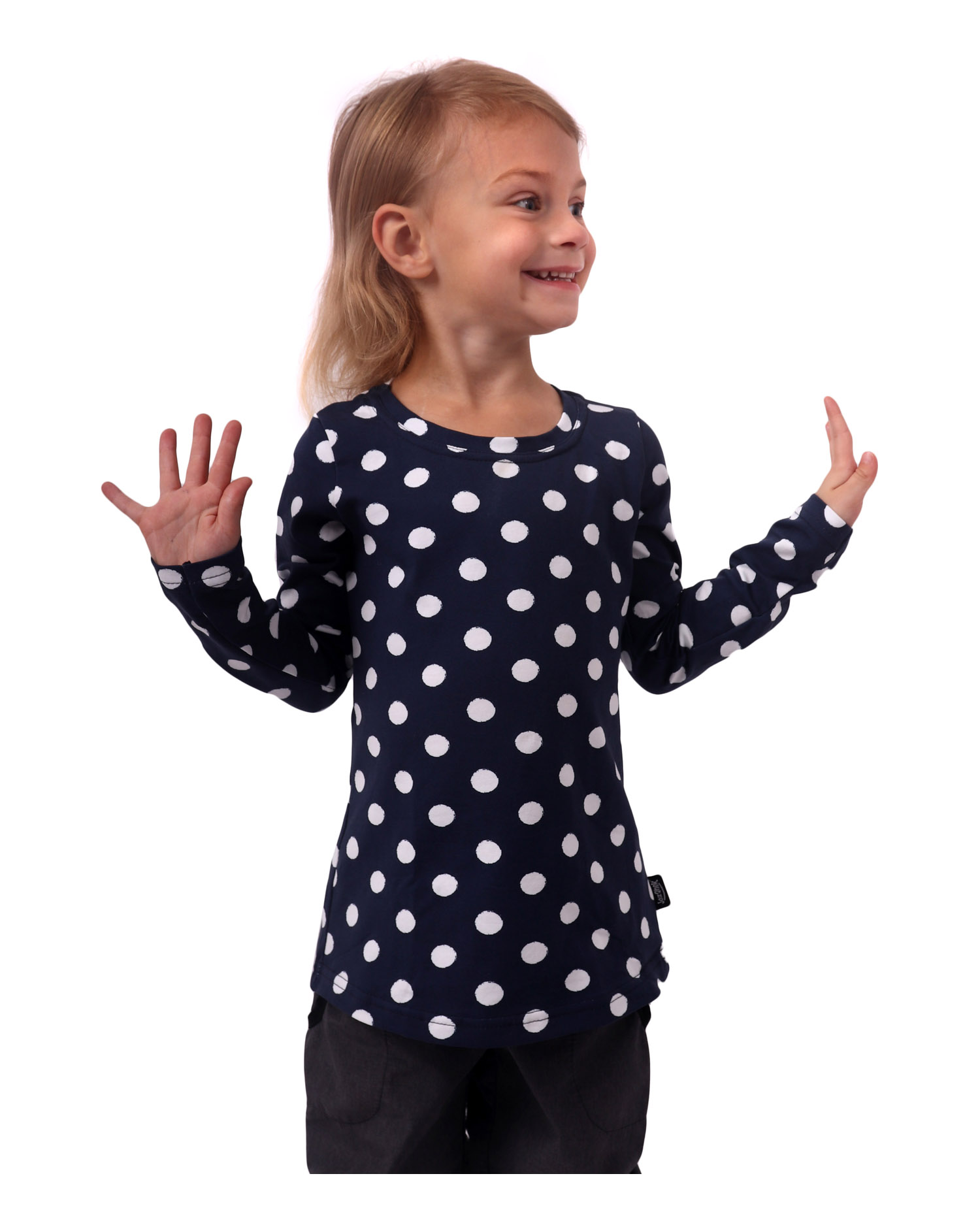 Girl's T-shirt, long sleeve, blue with polka dots