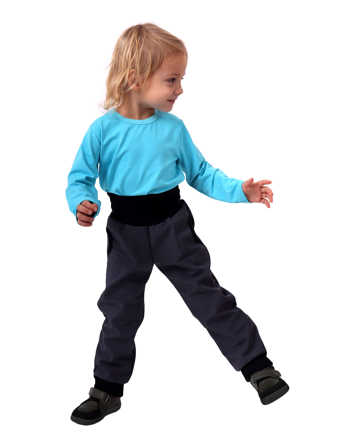 Detské softshellové nohavice s nápletmi a reguláciou pása, antracitové (šedé)