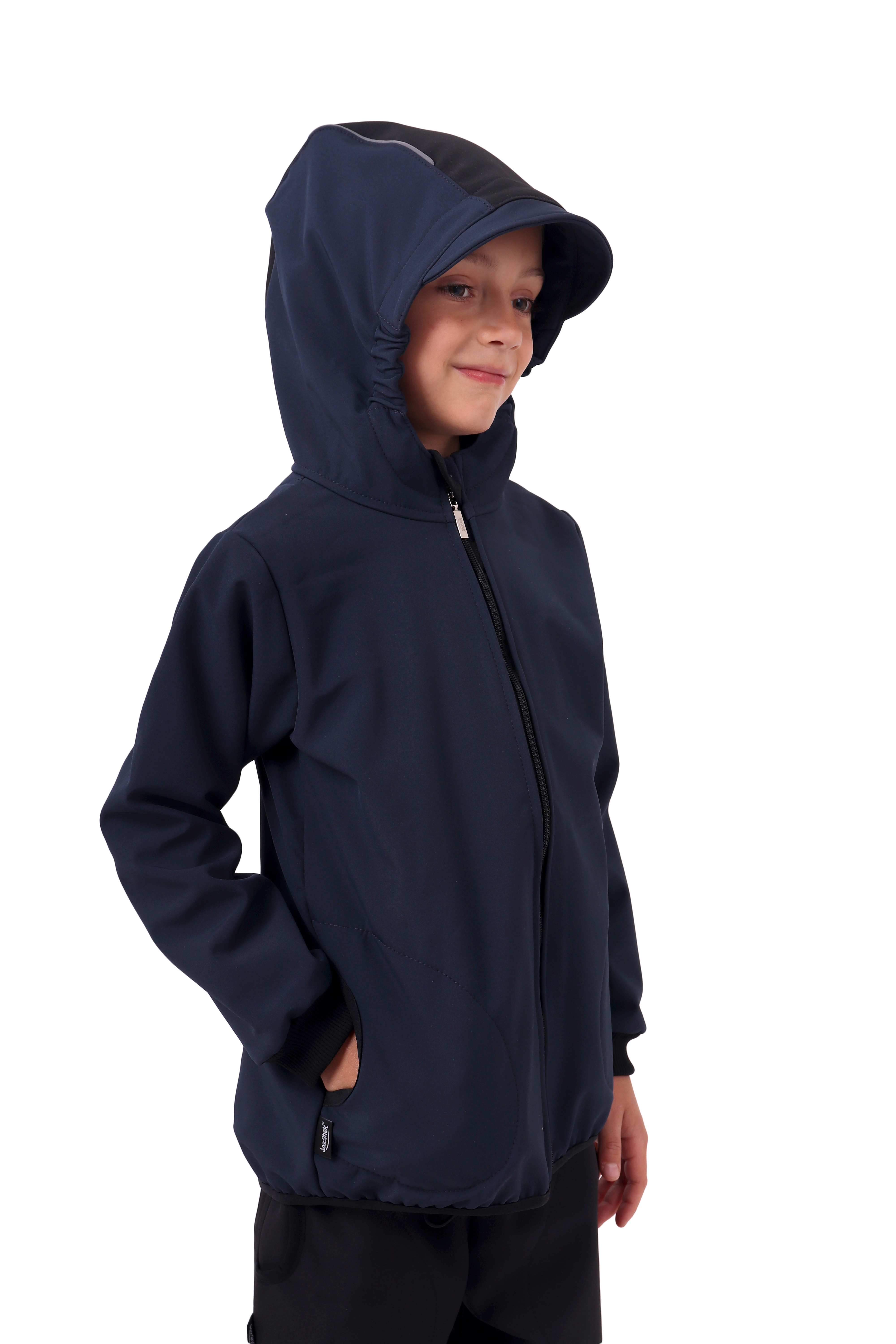 Dětská softshellová bunda, tmavě modrá s černými doplňky, STARŠÍ KOLEKCE