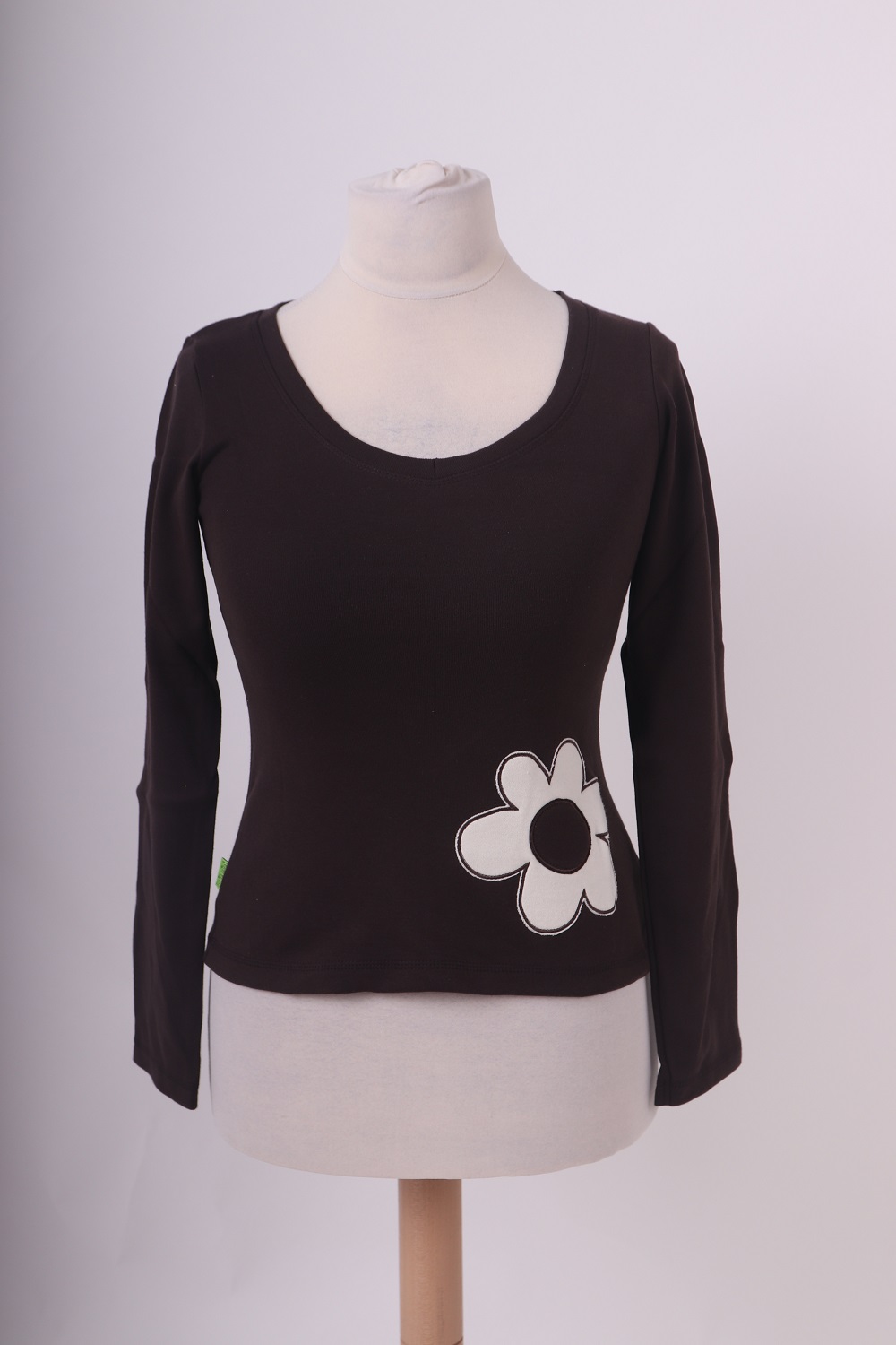 Organic women's T-shirt, length sleeve, brown+flower, XS