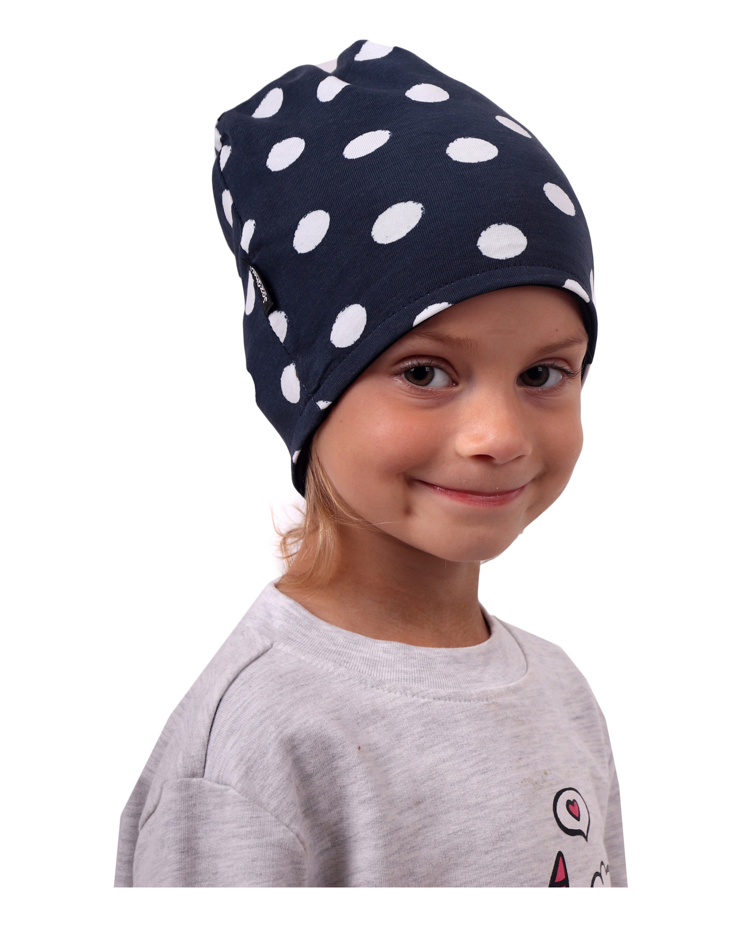 Detská čiapka bavlnená, obojstranná, čierna+modá s bodkami