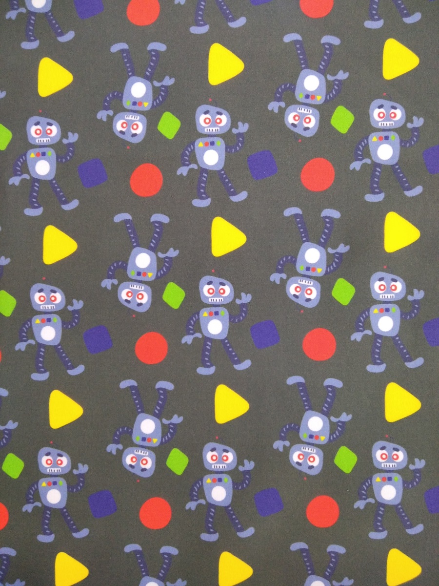 Winter softshell with fleece, 1 meter, printed robots on a grey background