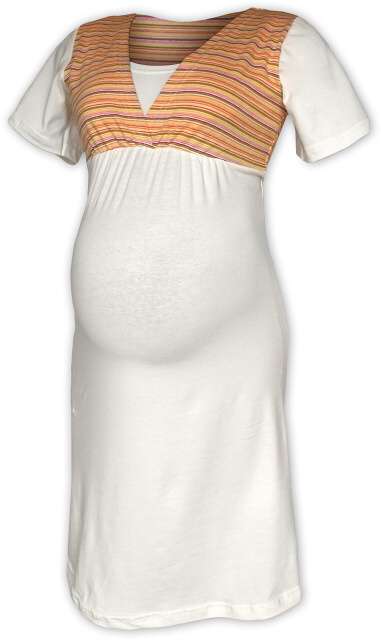 Pruhovaná tehotenská / kojace nočná košeľa, SMETANOVÁ + oranžový prúžok