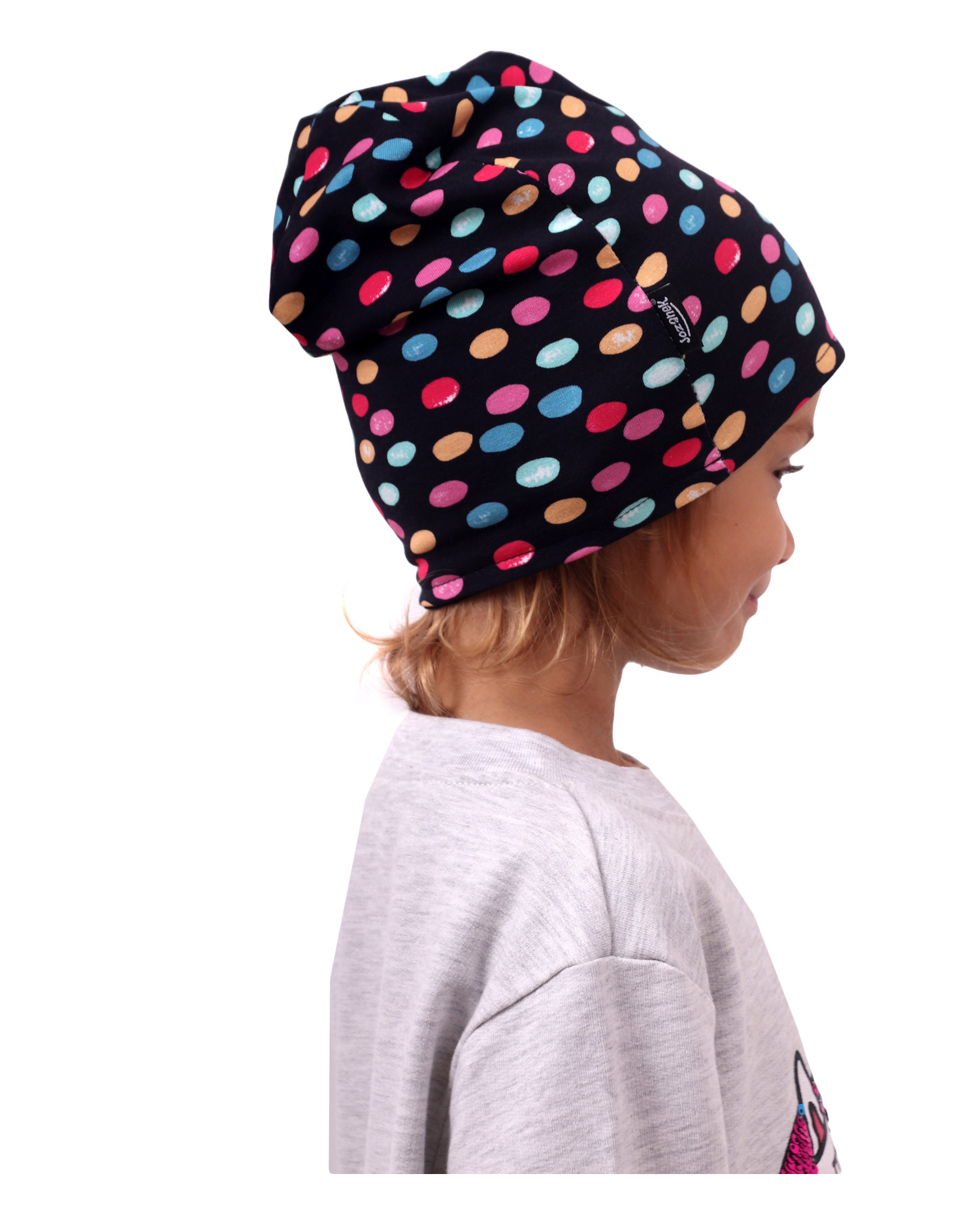 Children´s cotton cap, black+colored polka dots