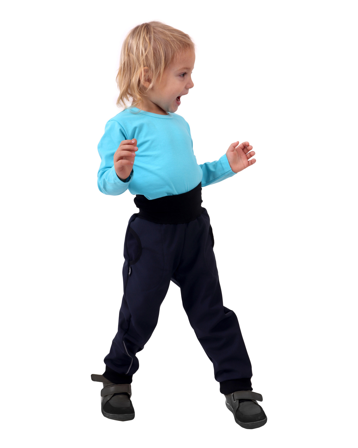 Detské softshellové nohavice s nápletmi a reguláciou pása, tmavomodré