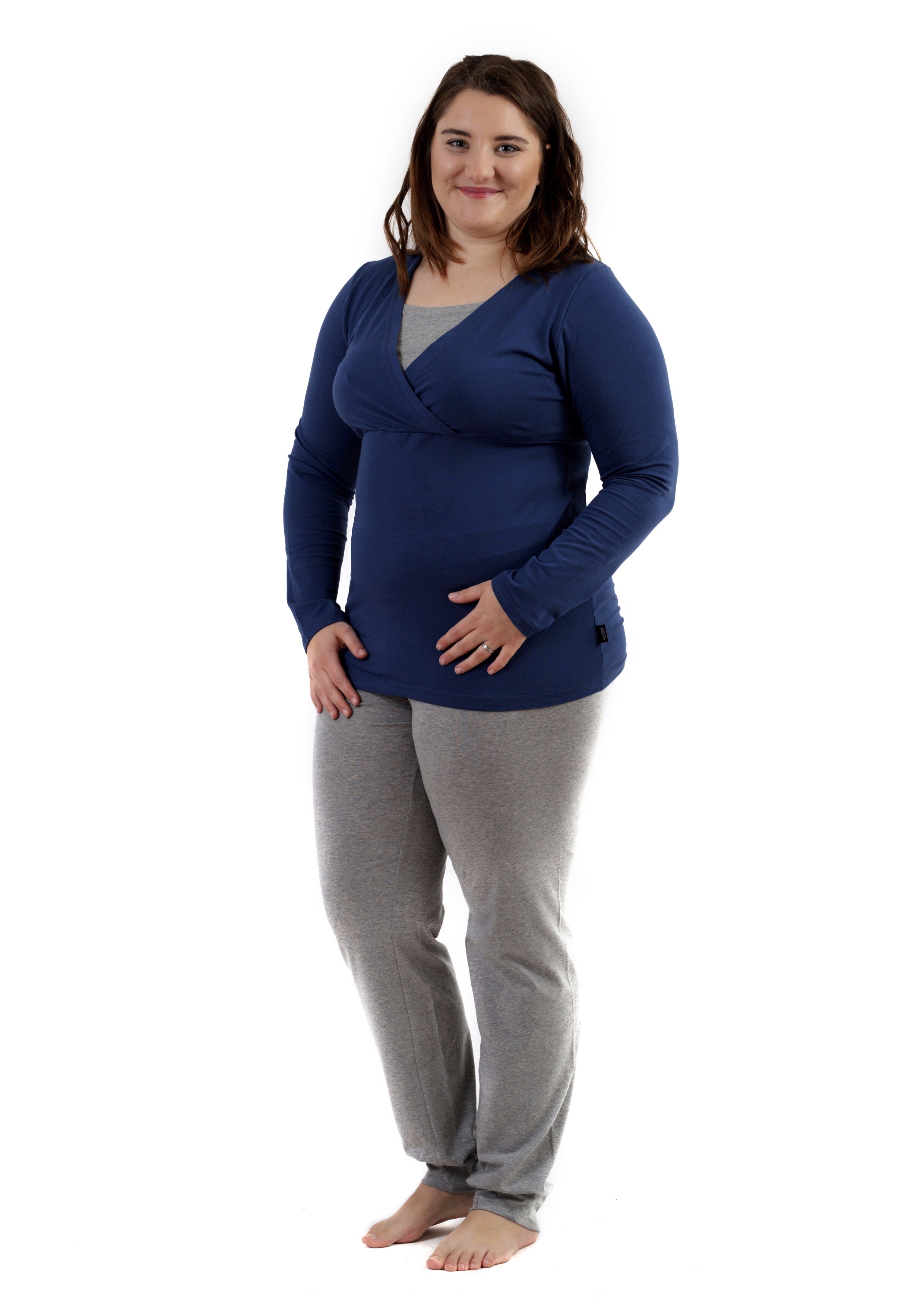 Tehotenské a dojčiace pyžamo, dlhé, jeans modré + sivý melír