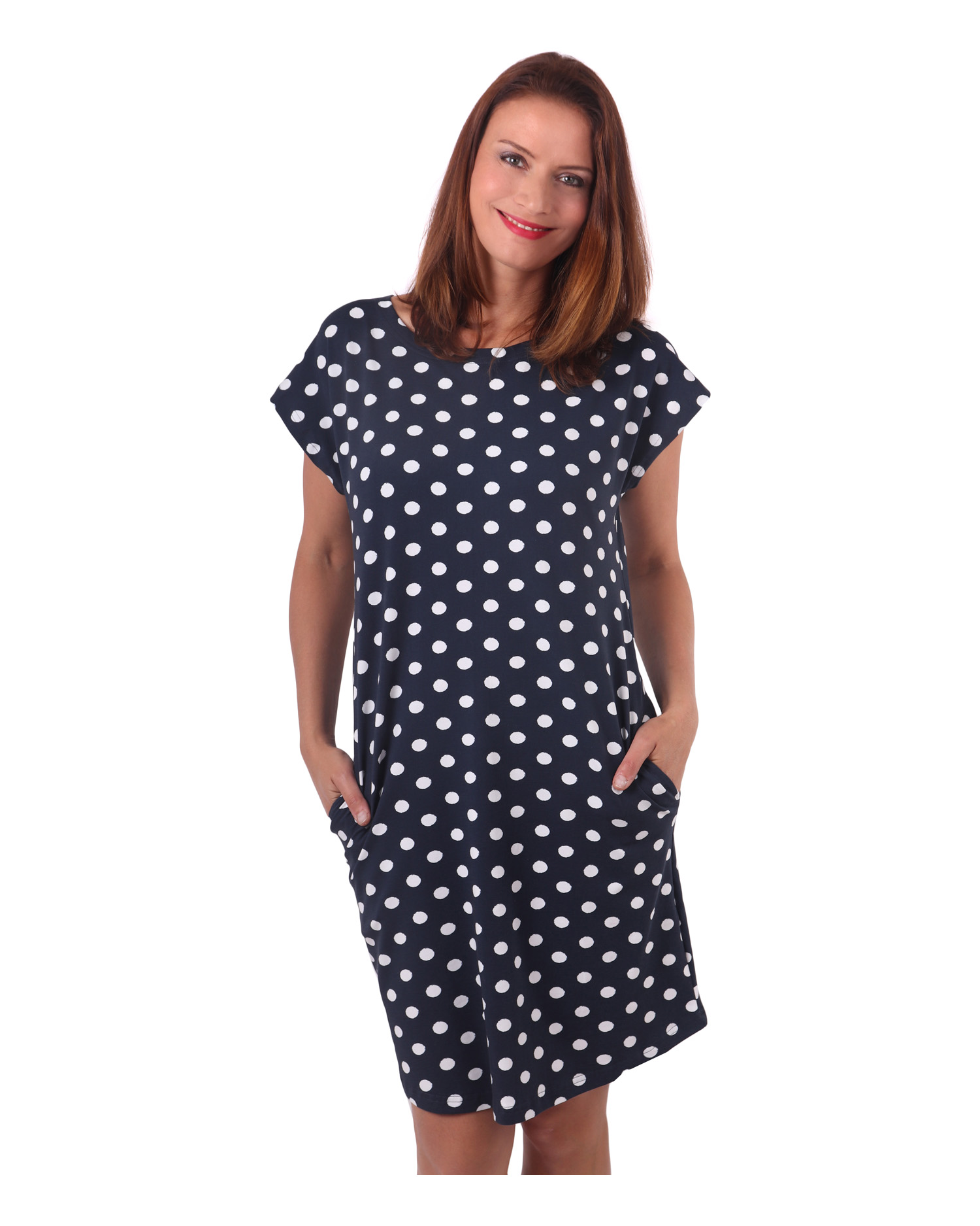 Women's dress with pockets Zoe, oversized loose fit, blue with polka dots