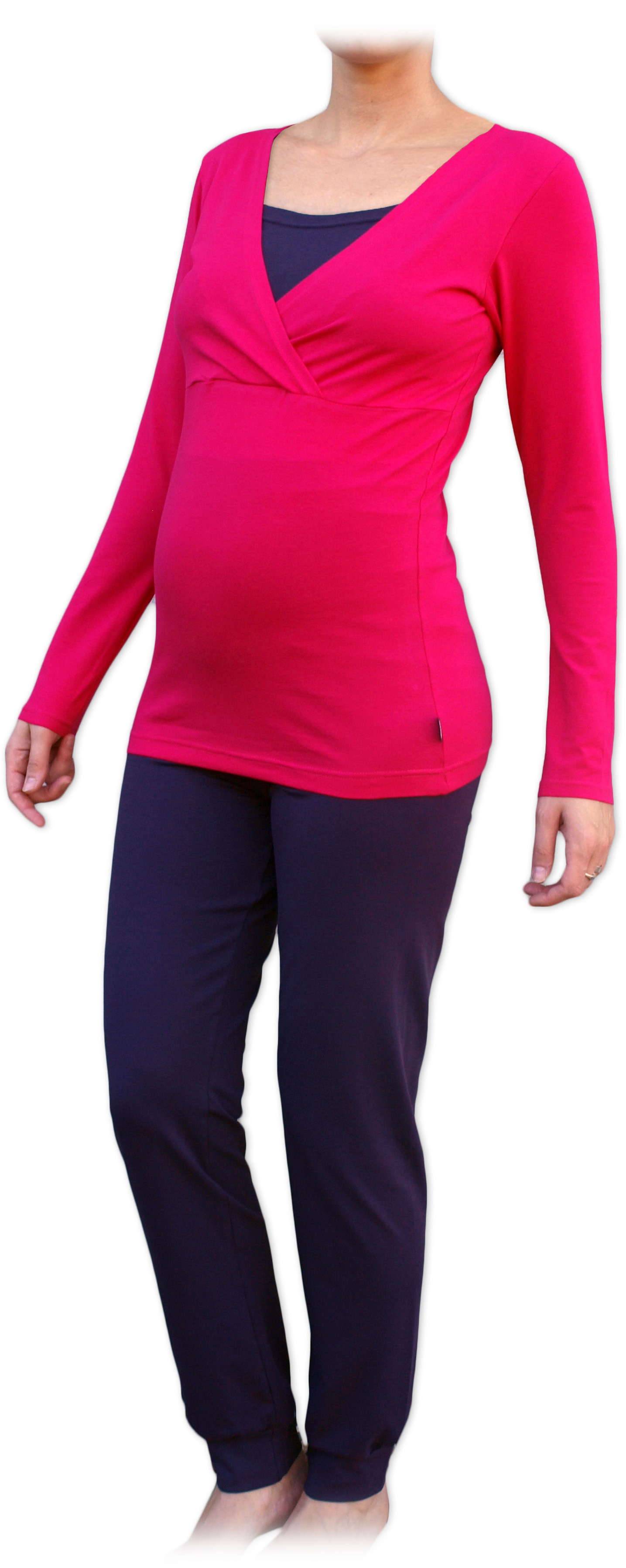 Tehotenské a dojčiace pyžamo, dlhé, sýto ružovej + slivka