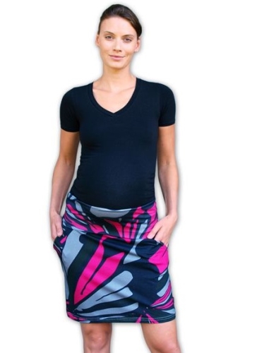 Tehotenská sukňa s vreckami Simona, vzorovaná čierna, ružová