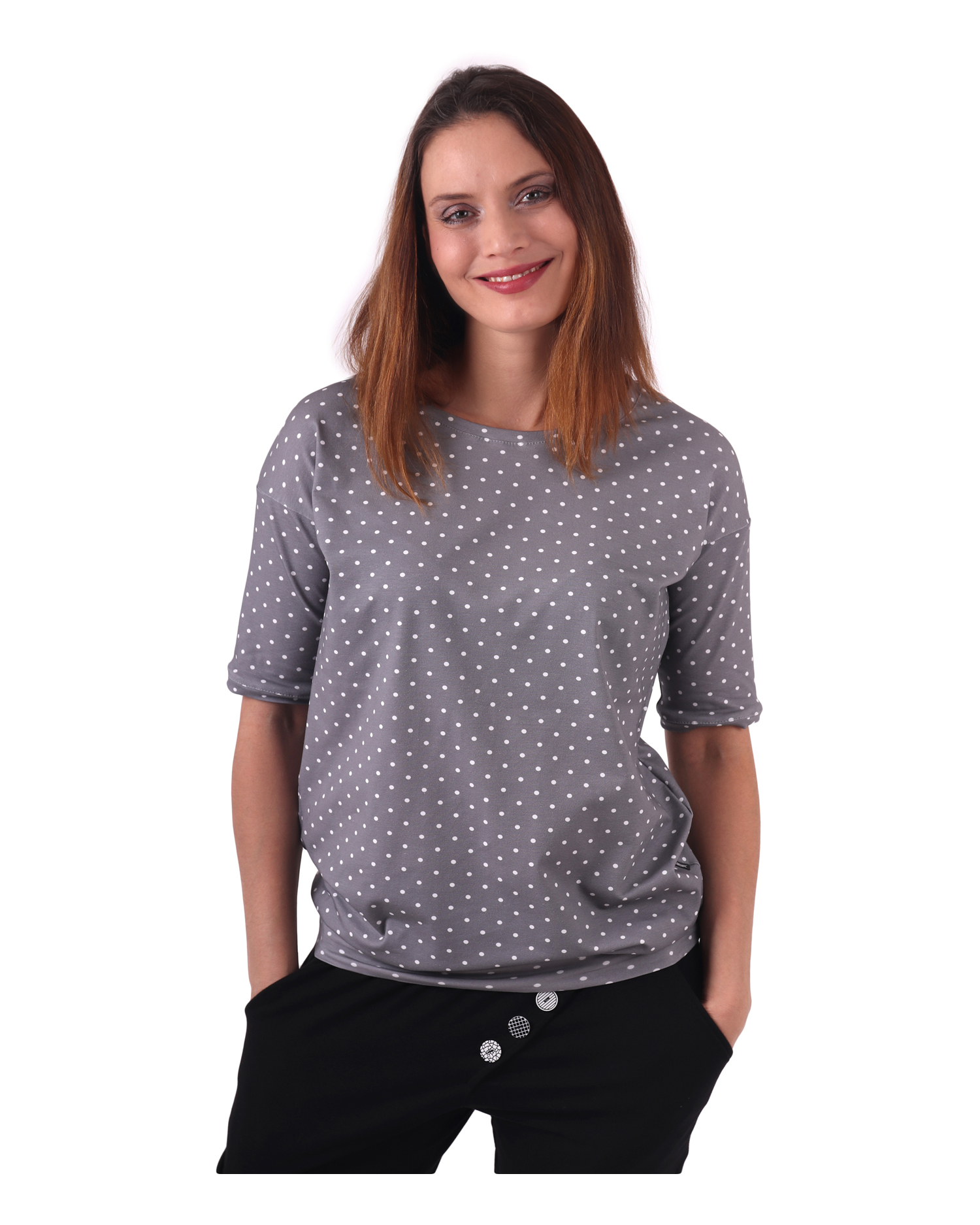 Women´s oversized T-shirt Darina, grey+white dot
