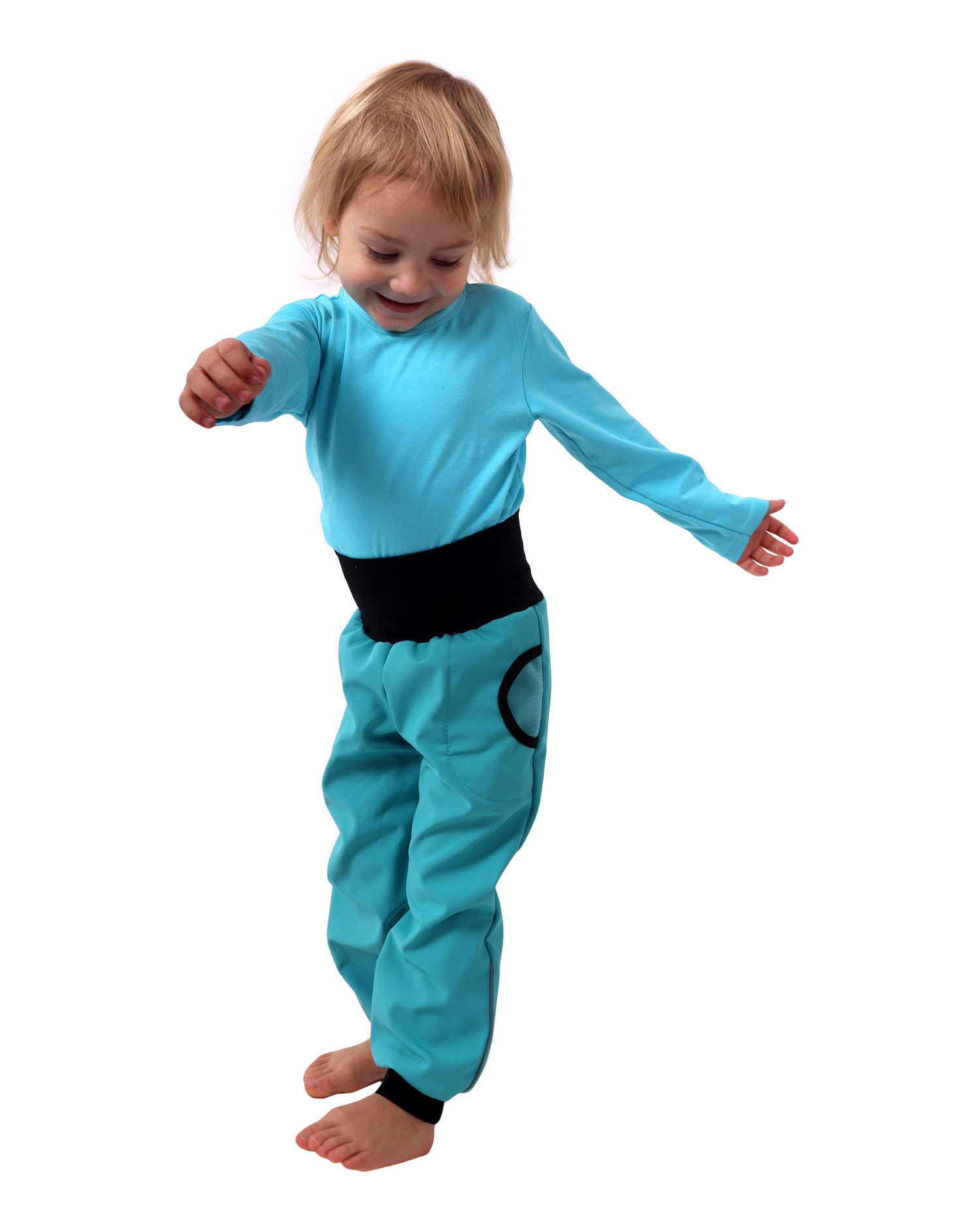 Detské softshellové nohavice s nápletmi a reguláciou pása, tyrkysové
