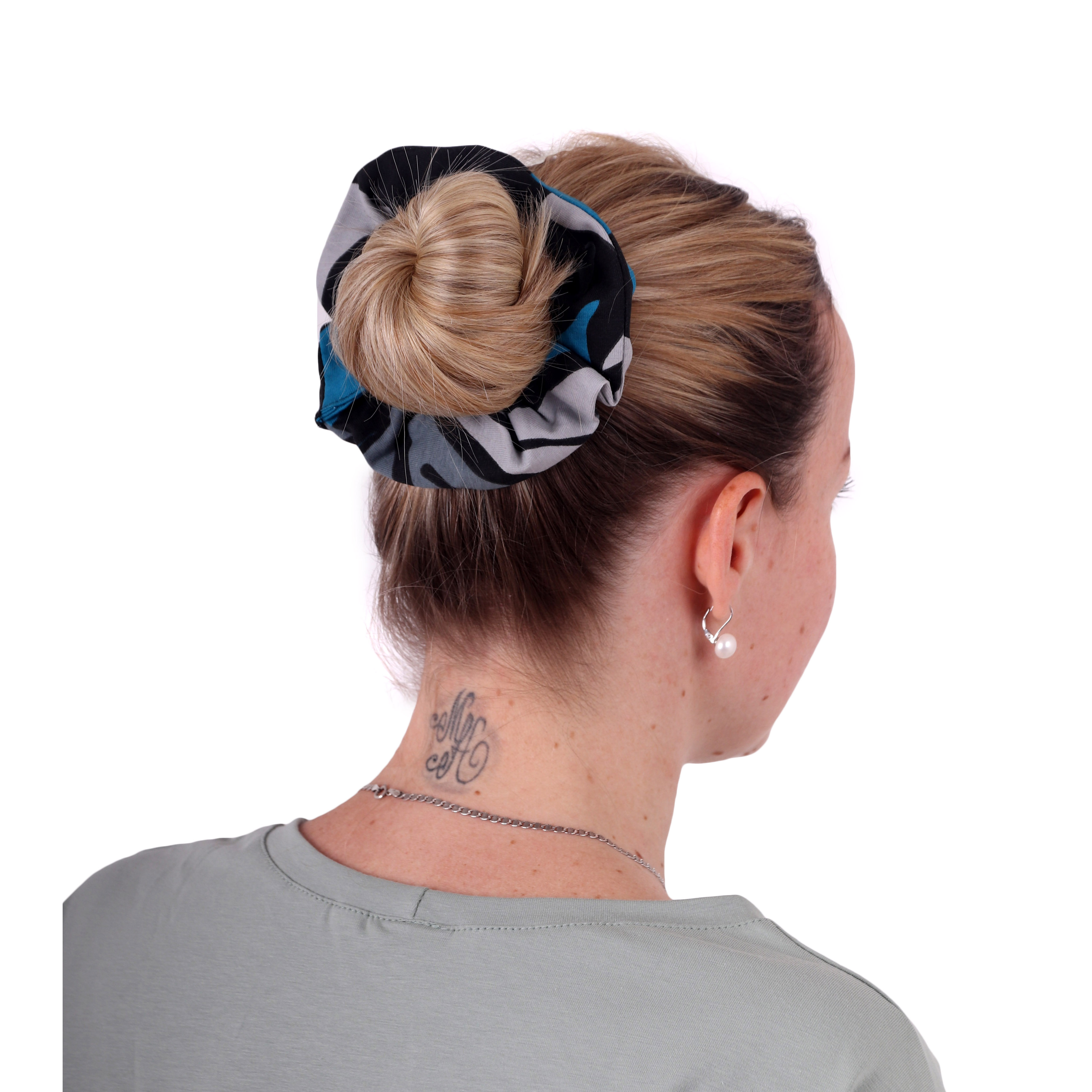 Fabric hair band, big, patterned black-grey-turquoise