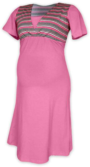 Pruhovaná tehotenská / kojace nočná košeľa, RUŽOVÁ + sivý prúžok