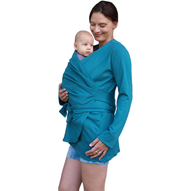 Biobavlnený zavinovací kabátik na nosenie detí a pre tehotné Blanka, petrolej