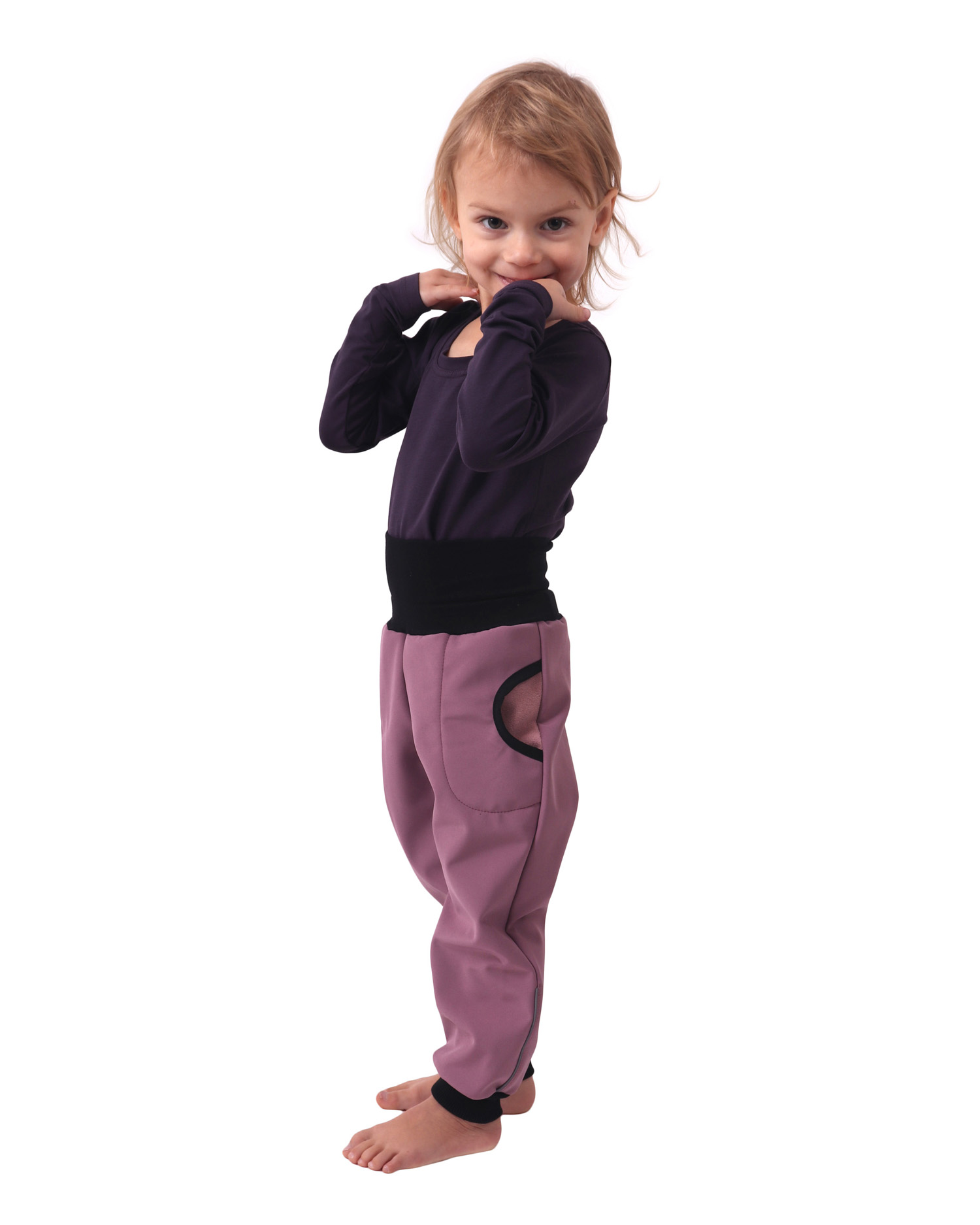 Dětské softshellové kalhoty s náplety a regulací pasu, růžové