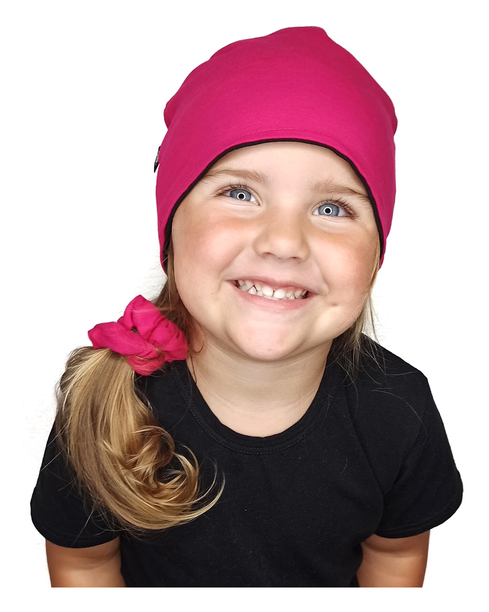 Dětská čepice bavlněnáá, oboustranná, černá+sytě růžová
