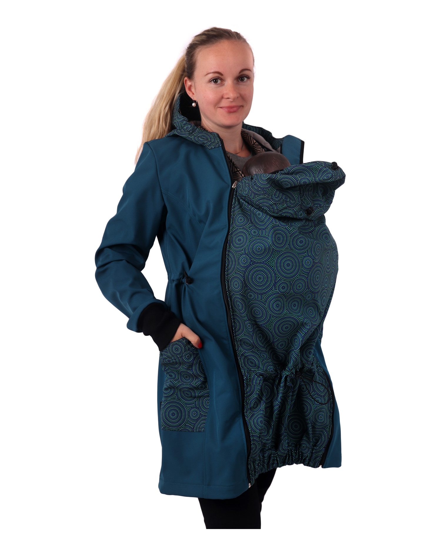 Softshellová nosící bunda Alva + TĚHOTENSKÁ vsadka, petrolejová a mandaly, L, střih pro menší postavu