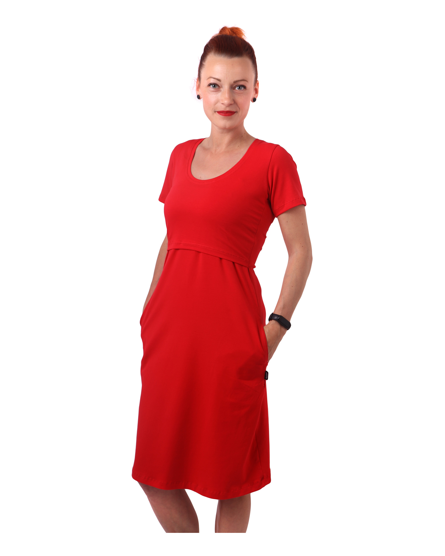 Kojící šaty s kapsami Tea, krátký rukáv, červené