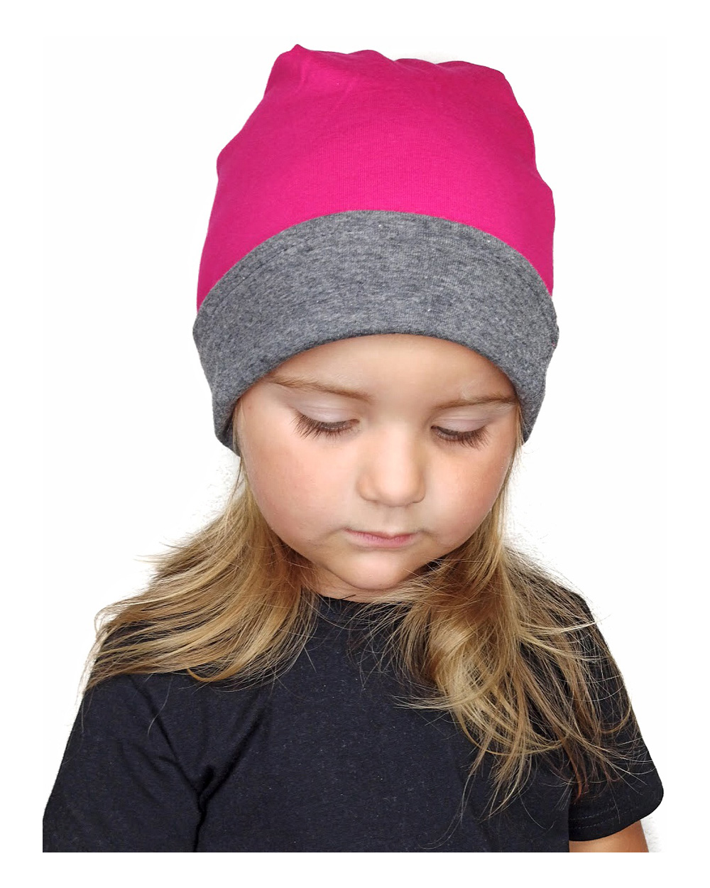 Detská čiapka bavlnená, obojstranná, tmavo sivý melír + sýto ružová
