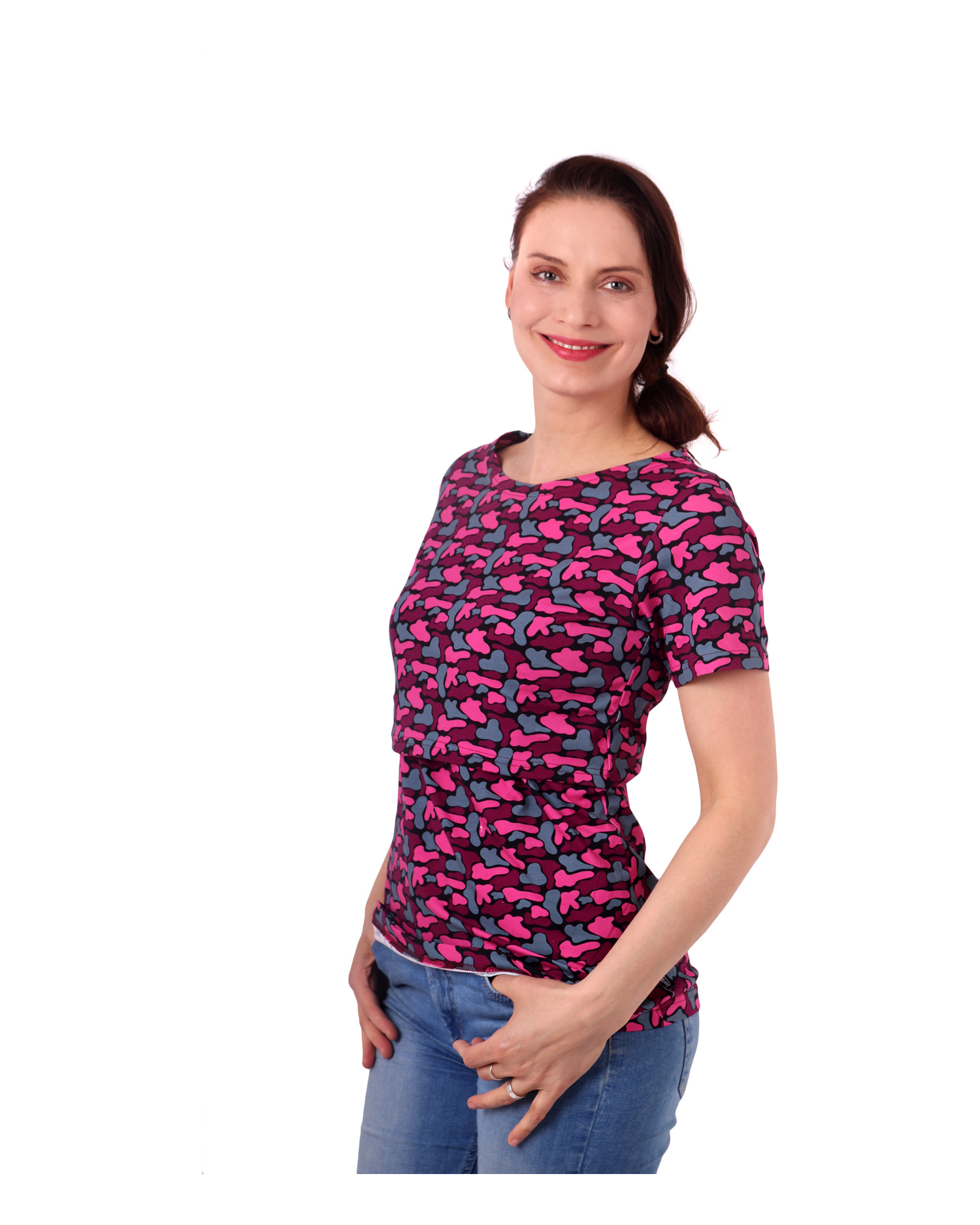 Dojčiace tričko Lenka, krátky rukáv, fľaky ružové na čierne, L / XL