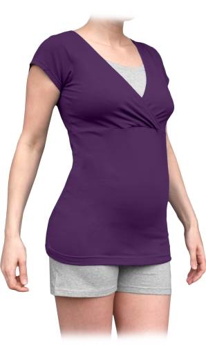 Těhotenské a kojicí pyžamo, krátké, švestkově fialové+šedý melír