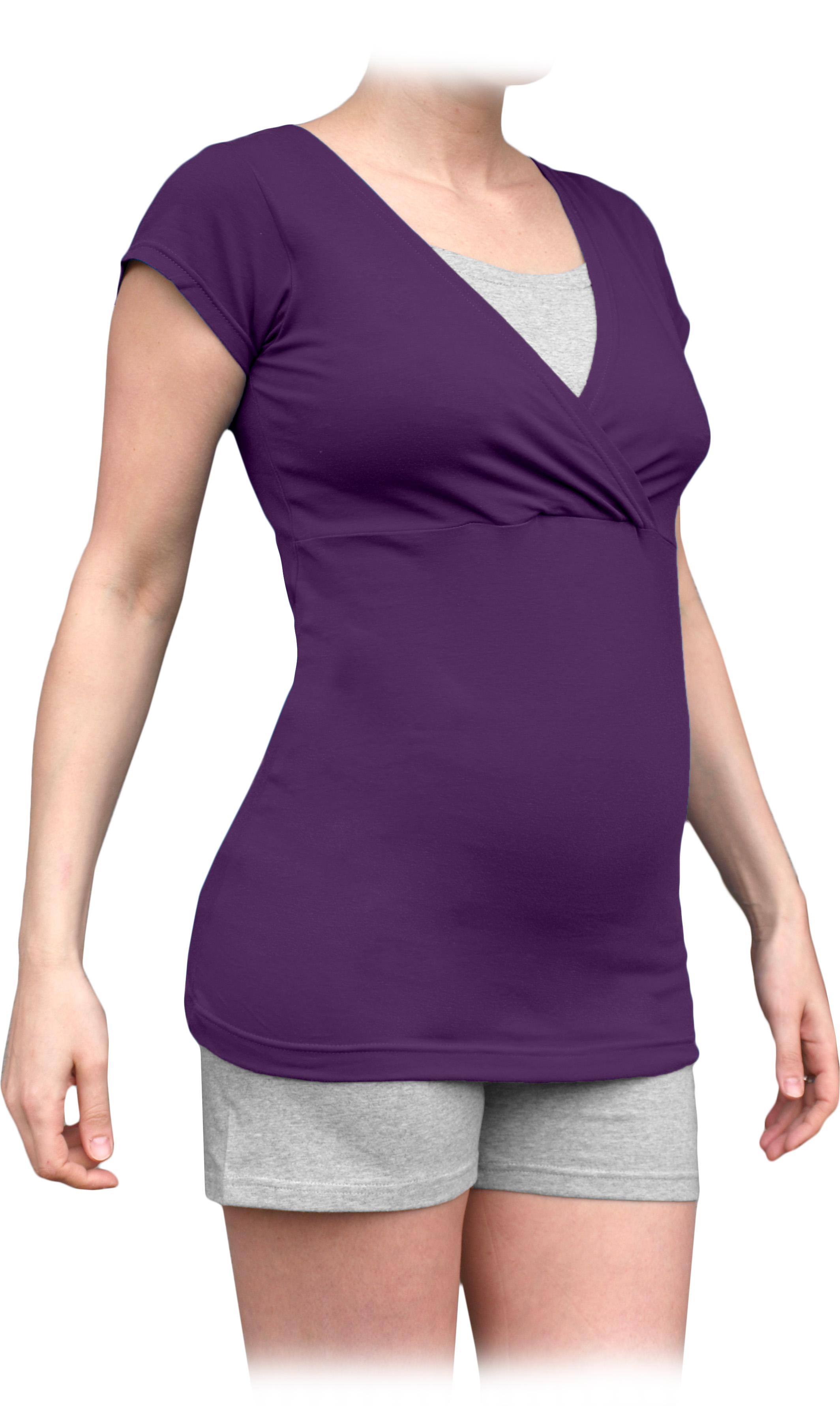 Tehotenské a dojčiace pyžamo, krátke, slivkovo fialové + sivý melír